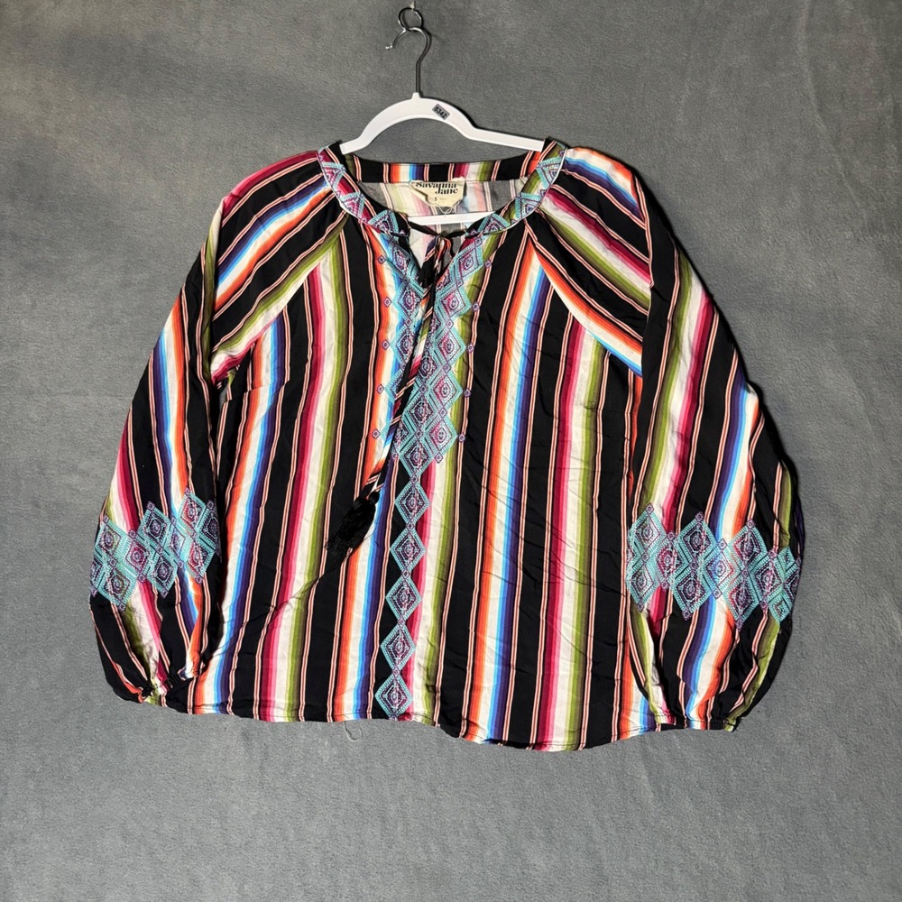 Savanna Jane Womens Striped Embroidered Boho Peasant Blouse Multi Color Small